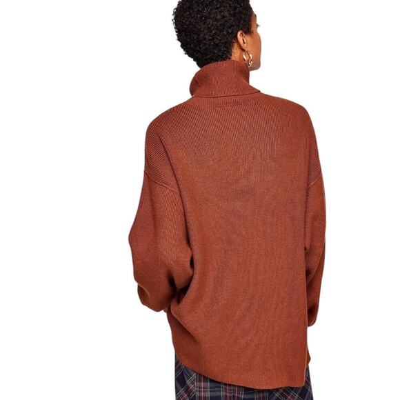 Free People Softly Structured Ribbed Tunic Turtleneck Sweater Slouchy Brown XS - Picture 2 of 14